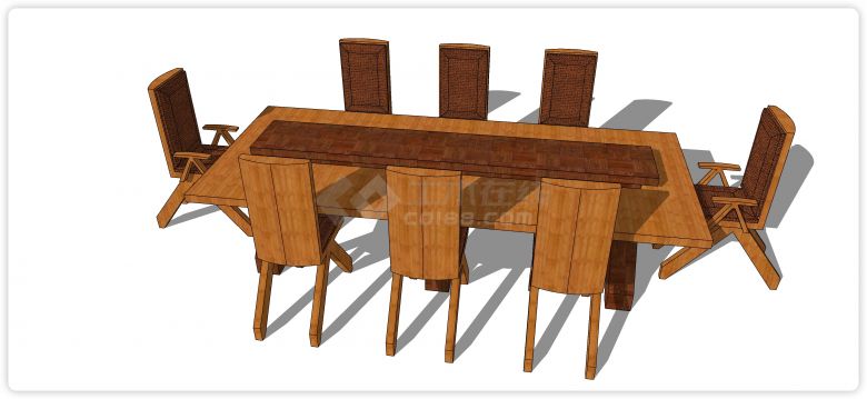 古典八人实木长餐桌su模型-图二