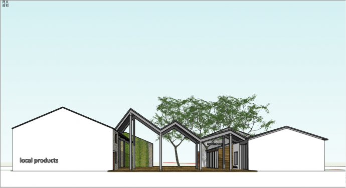 灰色的房顶一层的带绿树的现代民宿SU模型_图1