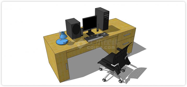 长形带三抽屉办公桌电脑桌su模型-图一