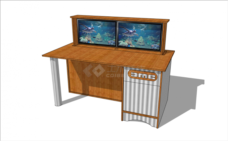 木纹桌面搭配白色桌腿，桌上放置2个小型景观鱼缸的趣味书桌su模型-图一