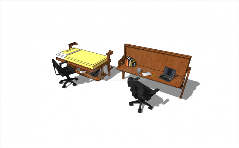 折叠书桌-上翻是棕色窄面书桌下翻是携带黄色床垫的单人床su模型-图一