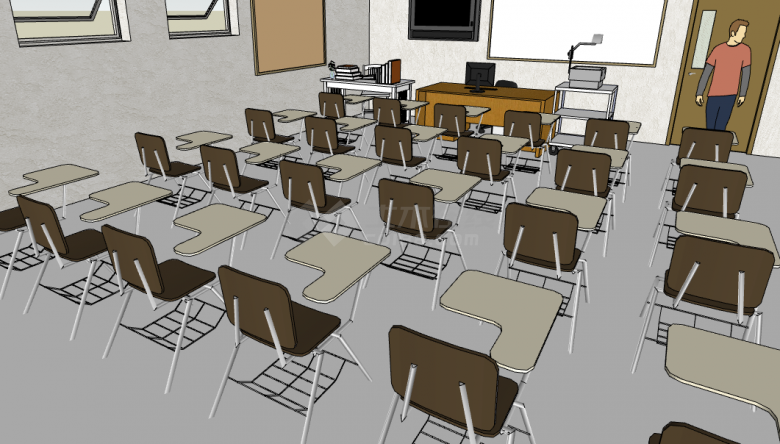 褐色椅子现代教室 su模型-图二