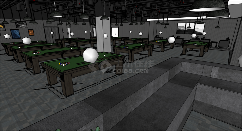 灰色的地板两侧带沙发的台球室su模型-图二
