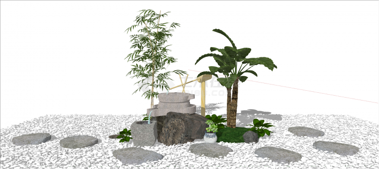 新中式石子压水庭院景观小品su模型-图一