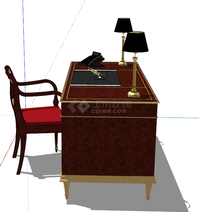 美式复古木质书桌su模型-图二