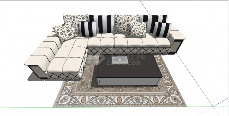 白色的带黑色花纹的七字型的沙发su模型-图二