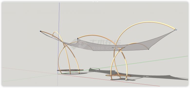 三支交叉弧形支撑架带休闲凳子张拉膜su模型-图一