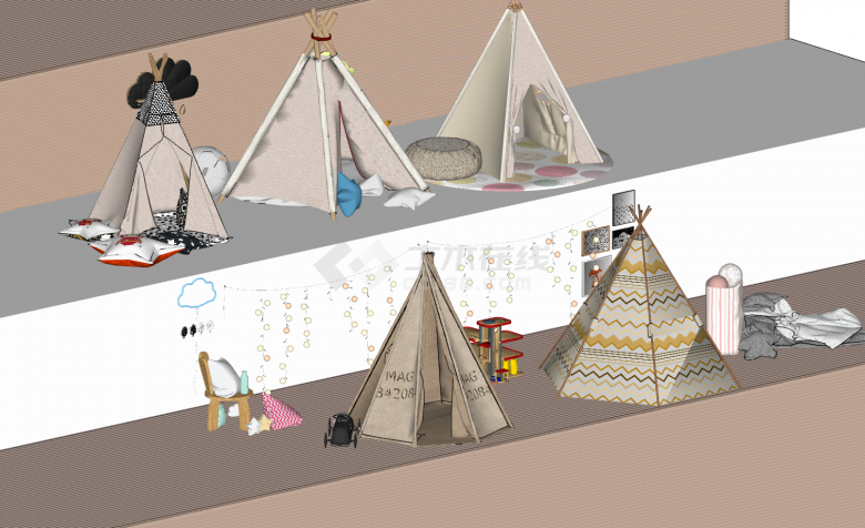 儿童印第安风格露营帐篷su模型-图二