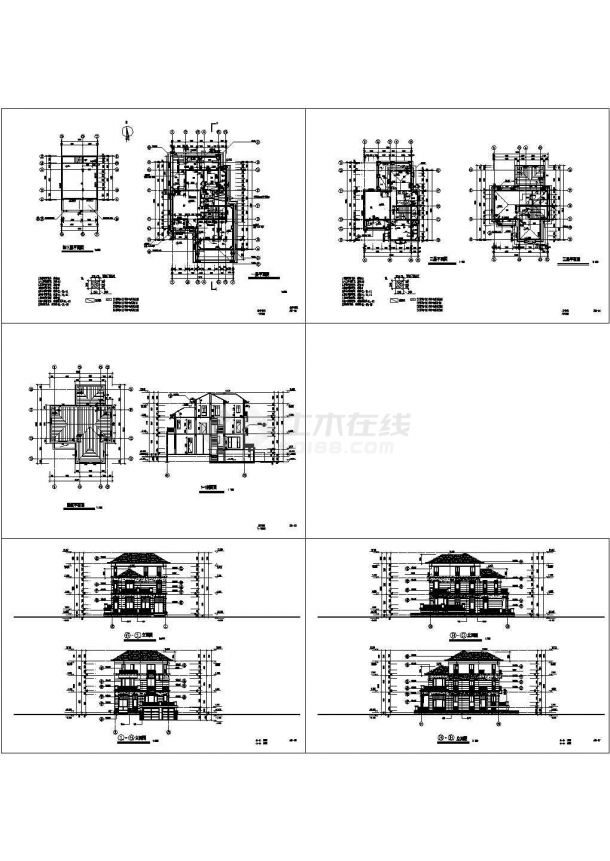 三层框架结构别墅建筑施工cad图(带地下室设计)-图一
