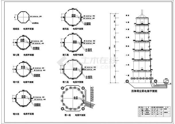 经典连珠塔立面电气照明CAD图-图二