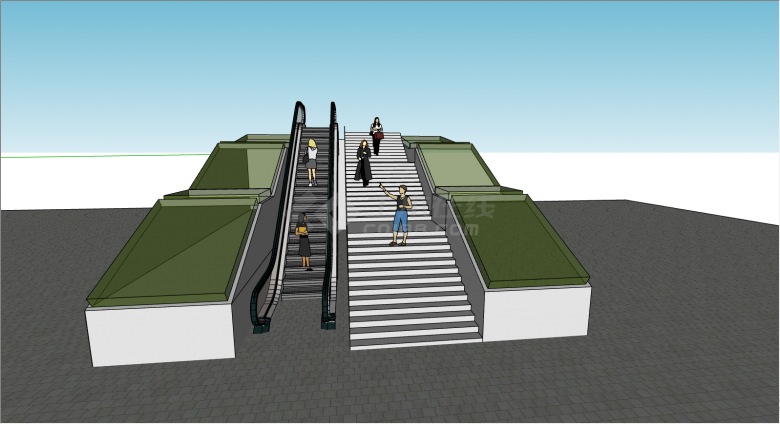 带步行梯的单行的两侧带绿色透明玻璃的电梯su模型-图一