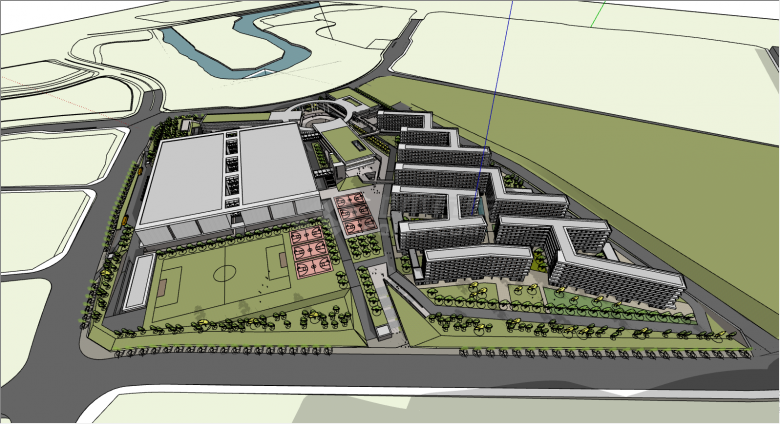绿树环绕带篮球场的产业园SU模型-图二