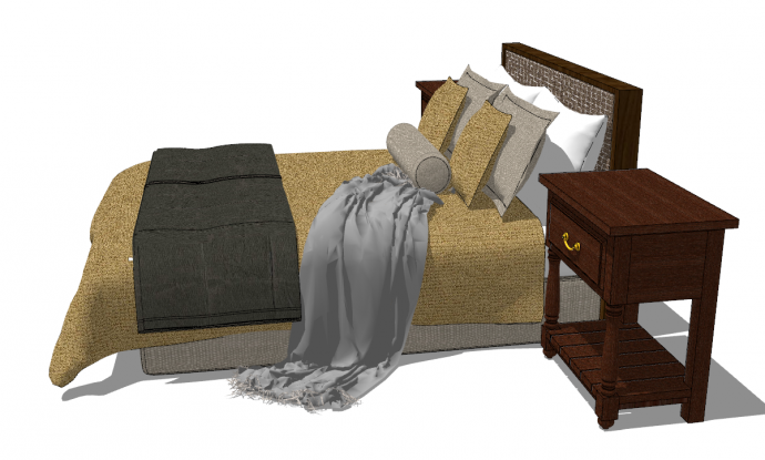 深色实木带金色床单套件的床 su模型_图1