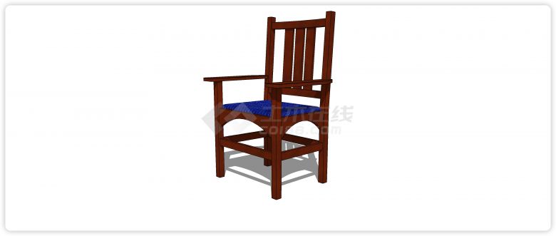 红木靠背椅蓝色软垫单椅su模型-图二