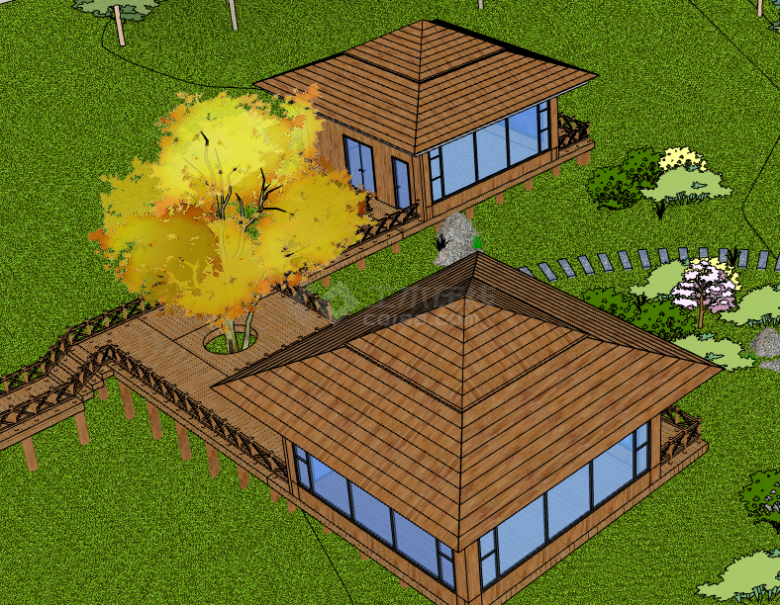 木制褐色蓝窗参考庭院 su模型-图二