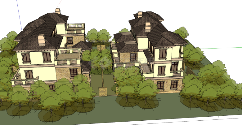 前后两栋联合别墅民宿 su模型-图一
