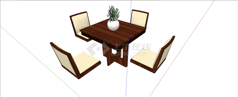 新中式正方形木质条纹四人餐桌组合su模型-图二
