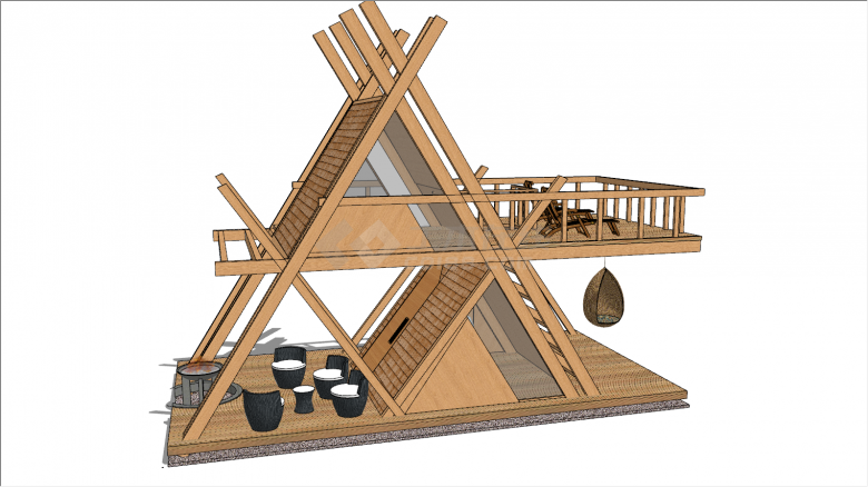 带躺椅三角形小木屋su模型-图二