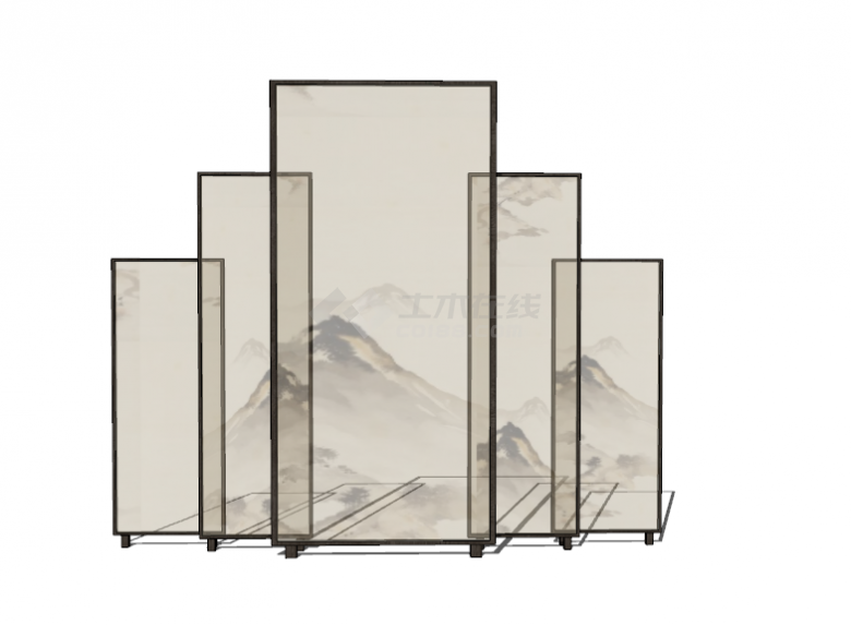 大小不一的屏风组成山水画的中式屏风su模型-图一