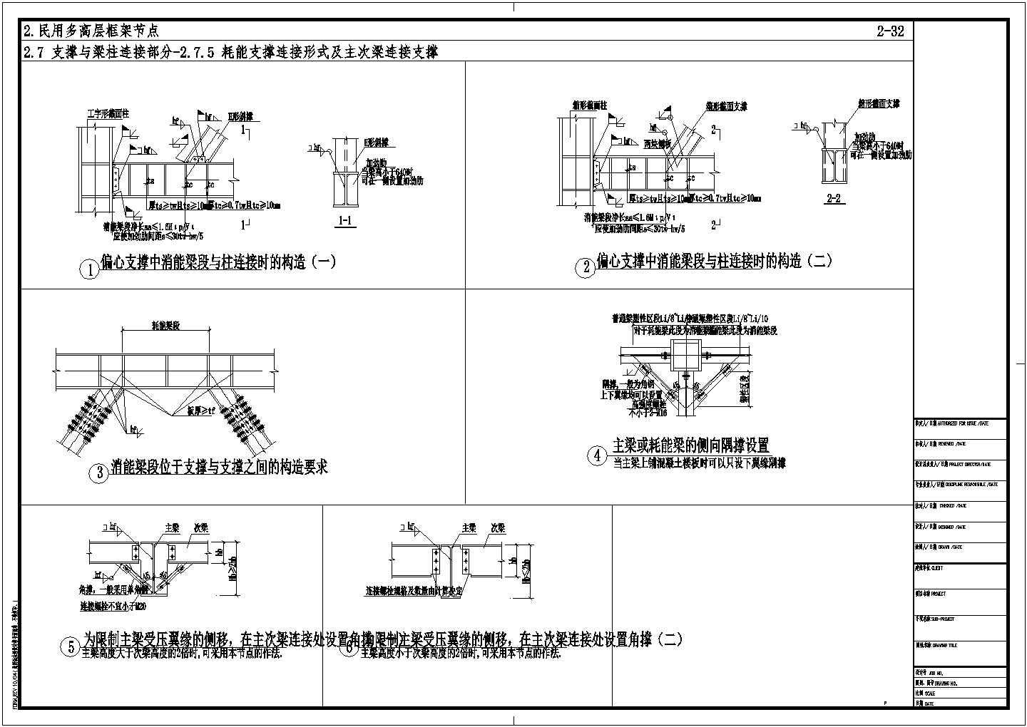 民用钢框架耗能支撑连接形式及主次梁连接支撑节点构造CAD详图