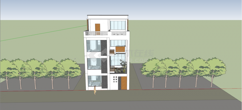 现代简约四层平顶白色墙体带露台别墅su模型-图一
