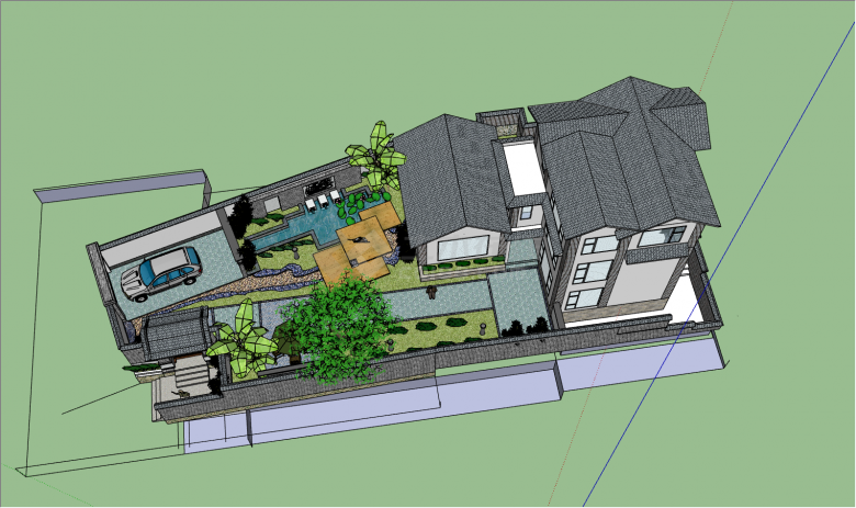 中式复古风格庭院别墅su模型-图二