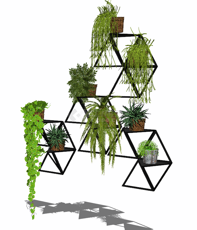 六边形组合的带有小盆绿植的绿墙花架 su模型-图二