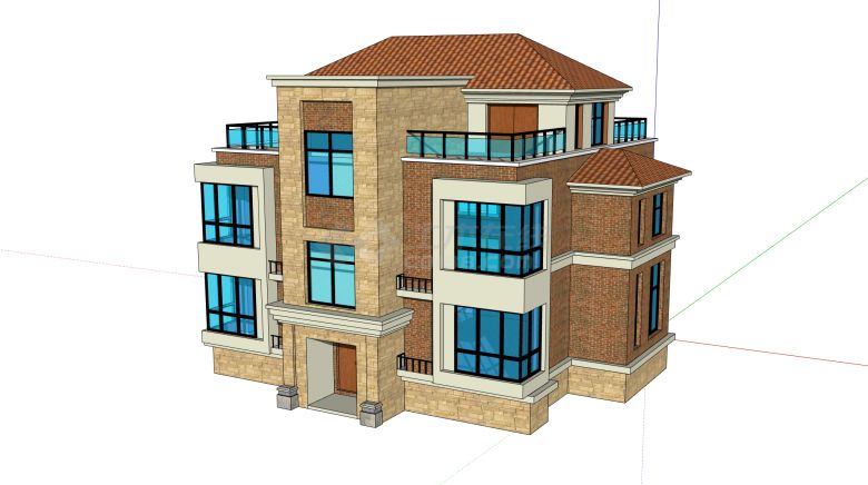 新农村三层大理石外墙棕红色琉璃瓦别墅su模型-图二