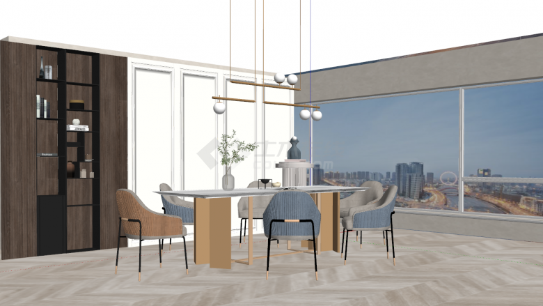 带有大落地窗花纹长方形的桌子和贝壳座椅的现代餐厅家具 su模型-图一
