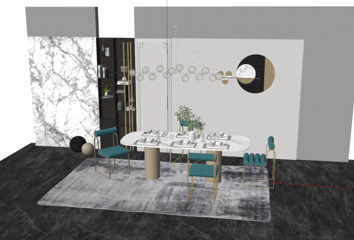 黑灰色地板带蓝绿色精致椅子的现代餐厅家具su模型_图1
