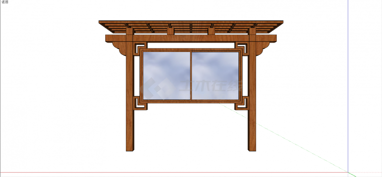 中式木架玻璃顶木架子宣传栏su模型-图一