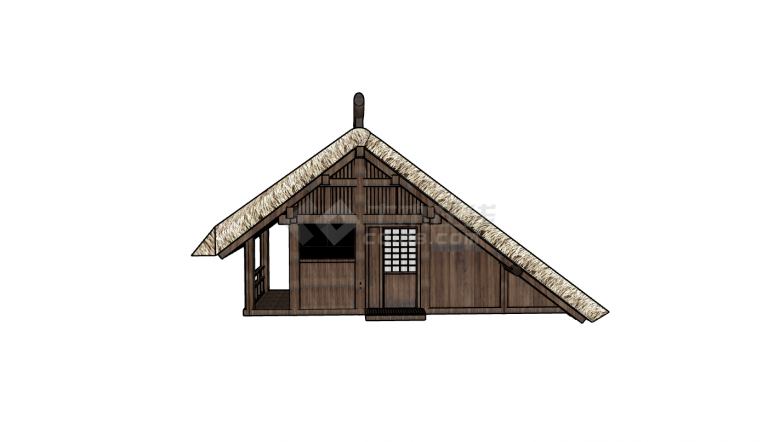 日式木制不对称茅草屋su模型-图一