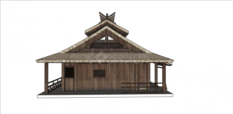中式木制板组合茅草屋 su模型-图二