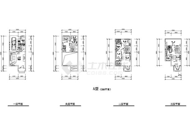 3层带夹层200平米联排别墅单户设计cad图纸，共四张-图一