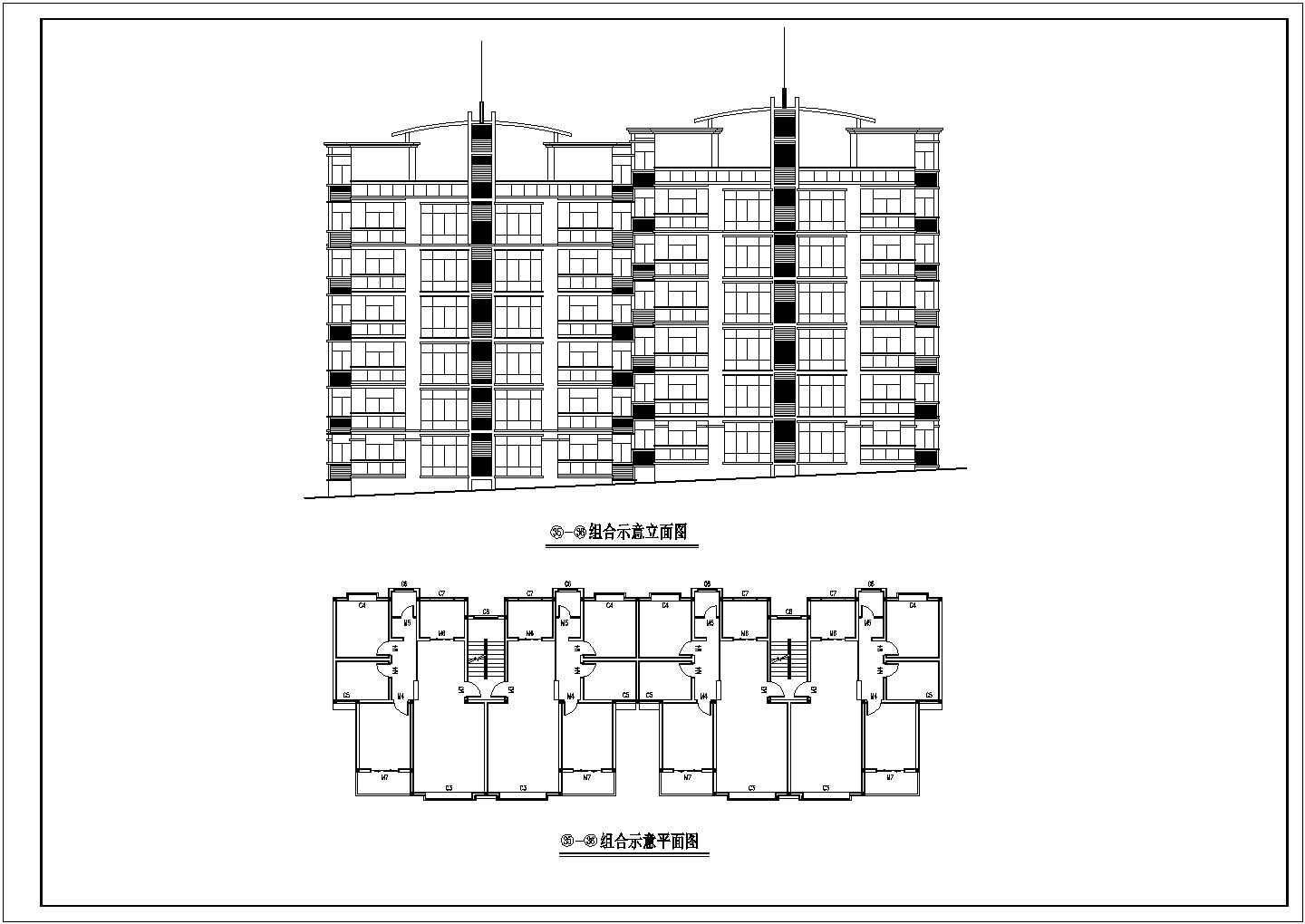 钟山大街商铺组合住宅建筑设计cad图(含平立面图，共三张)