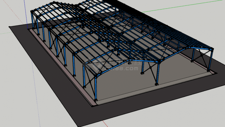 蓝色中式简约钢结构框架su模型-图二