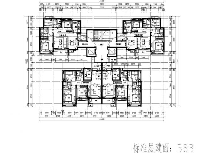 383平方米高层一梯四户住宅户型设计cad图(含效果图)_图1