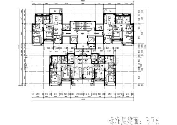 376平方米高层一梯四户住宅户型设计cad图（含效果图）-图二