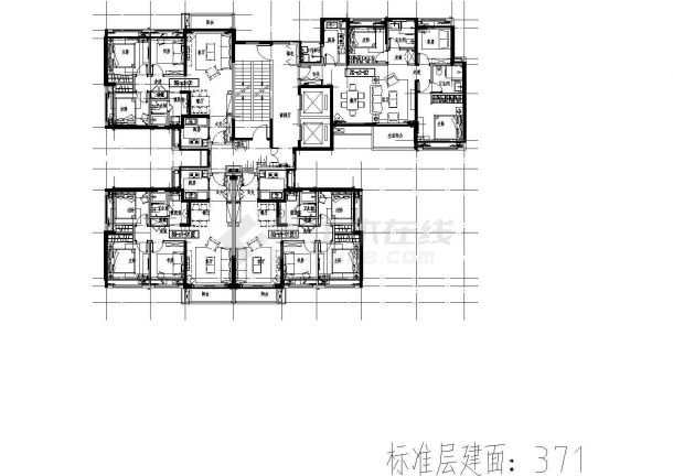 371平方米高层一梯四户住宅户型设计cad图（含效果图）-图一