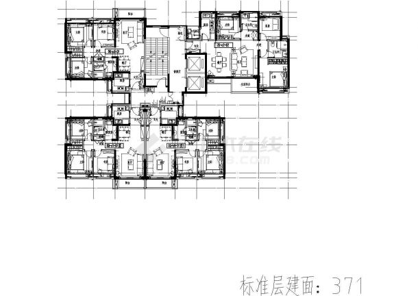 371平方米高层一梯四户住宅户型设计cad图（含效果图）-图二