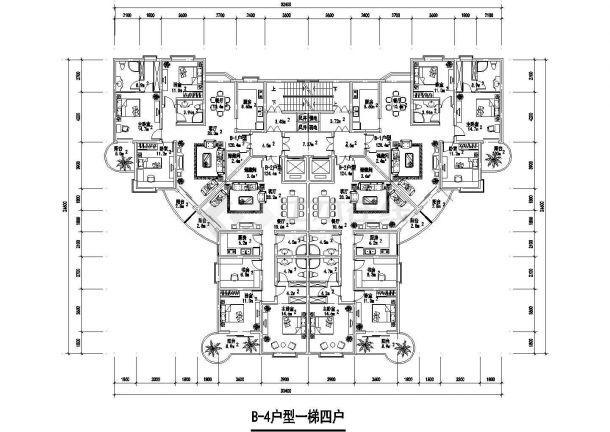 120平方米高层一梯四户住宅户型设计cad图（含效果图）-图一