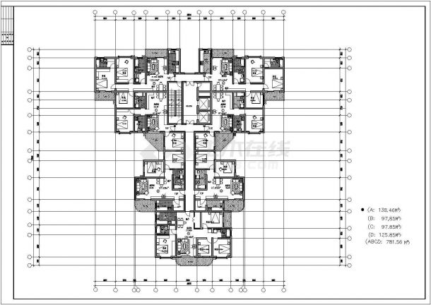 782平方米高层带电梯一梯七户住宅户型设计cad图(含效果图)-图一