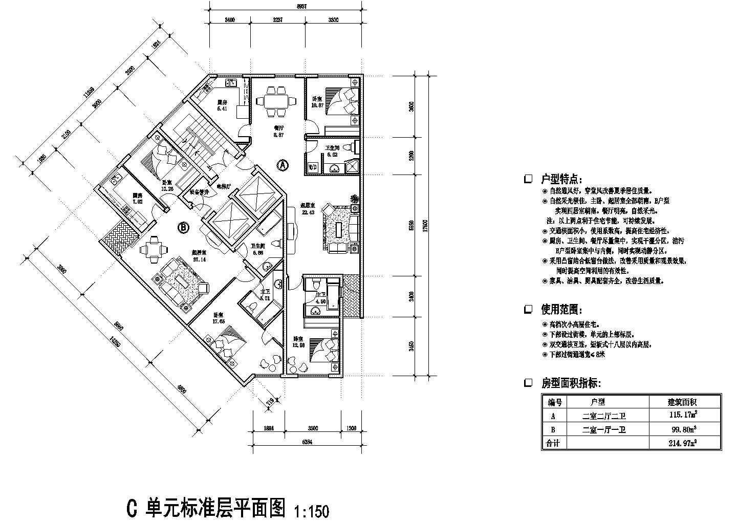 215平方米小高层一梯两户转角住宅户型设计cad图（含效果图）