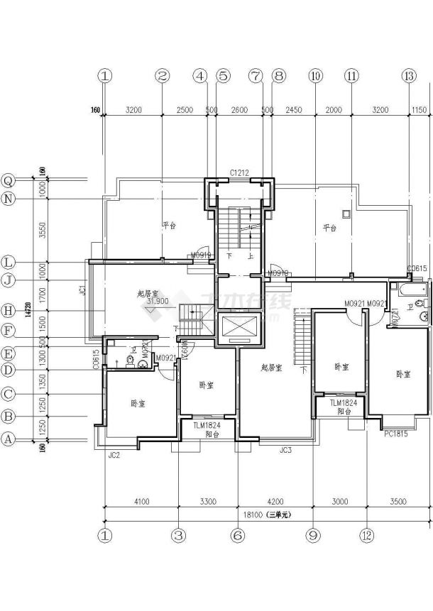 170平方米小高层一梯两户住宅户型设计cad图(含效果图)-图一