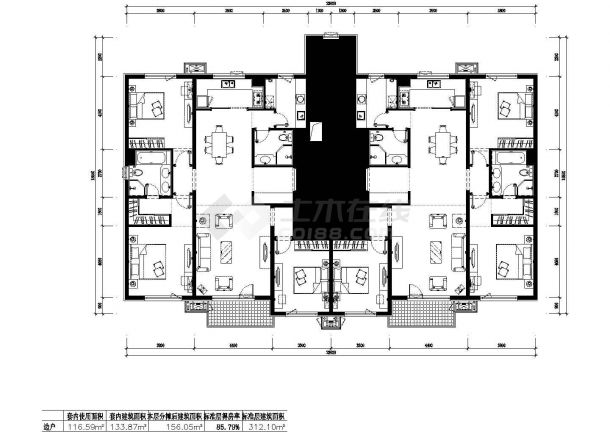 312平方米高层一梯两户住宅户型设计cad图（含效果图）-图一