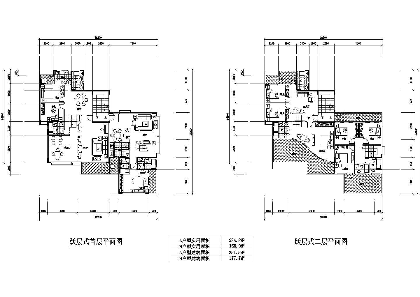 251平方米二层一梯两户住宅户型设计cad图(含效果图)