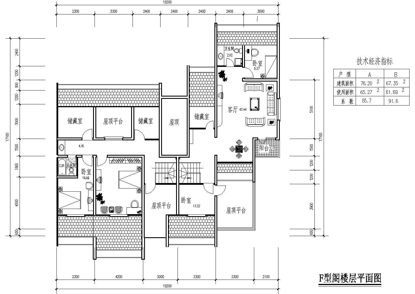 76平方米多层一梯两户住宅户型设计cad图(含效果图)