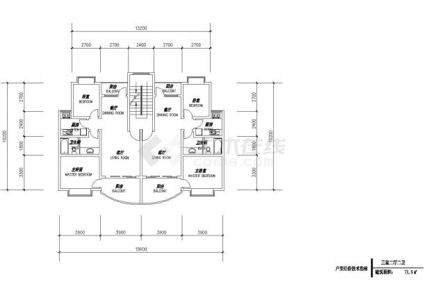 71平方米多层一梯两户住宅户型设计cad图(含效果图)-图二
