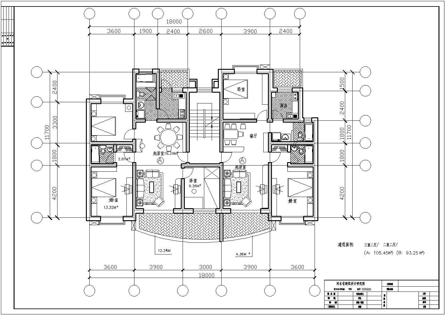 105平方米小高层一梯二户住宅户型设计cad图(含效果图)