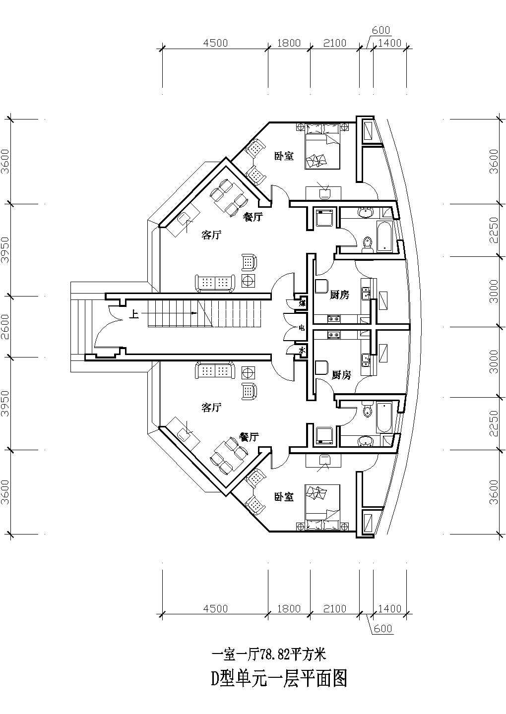 78平方米D单元多层一室一厅户型设计cad图(含效果图)